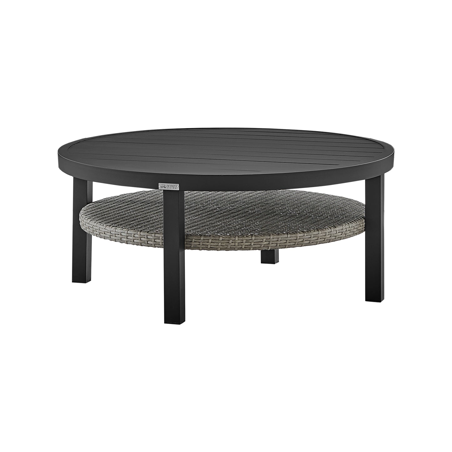 Aileen Patio Round Coffee Table in Black Aluminum with Grey Wicker Shelf