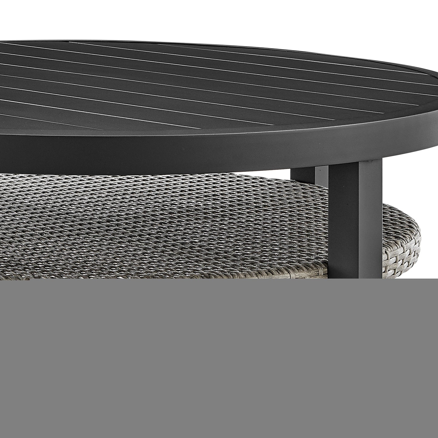 Aileen Patio Round Coffee Table in Black Aluminum with Grey Wicker Shelf