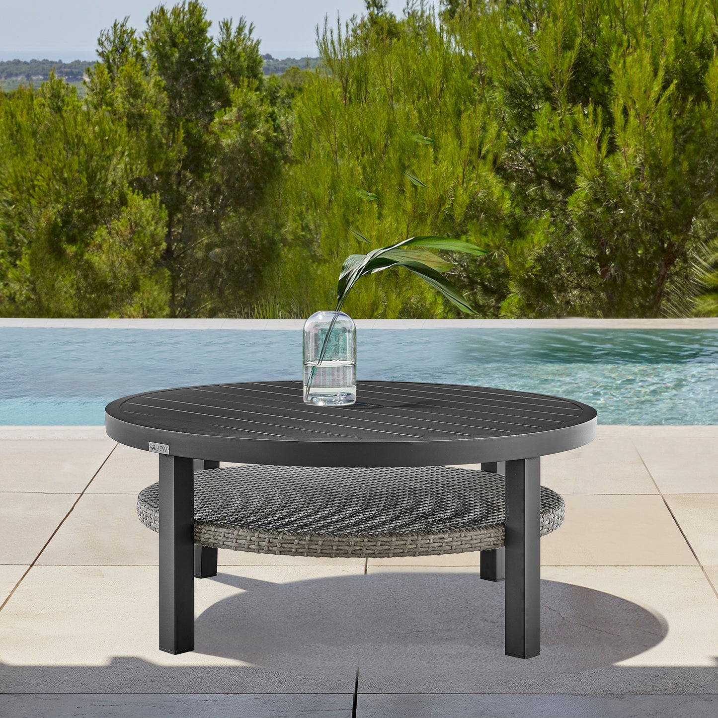 Aileen Patio Round Coffee Table in Black Aluminum with Grey Wicker Shelf