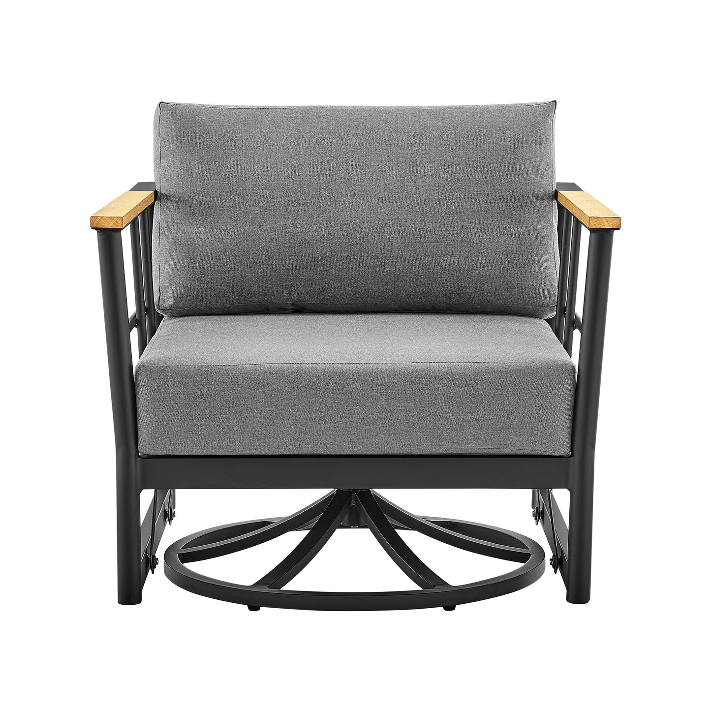 Shari Patio Swivel Glider Lounge Chair in Black Aluminum and Teak Wood