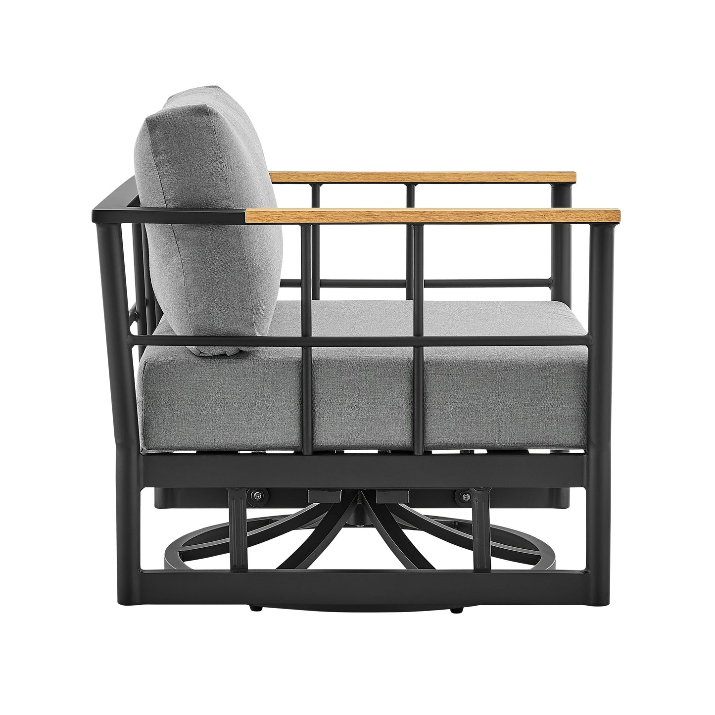 Shari Patio Swivel Glider Lounge Chair in Black Aluminum and Teak Wood
