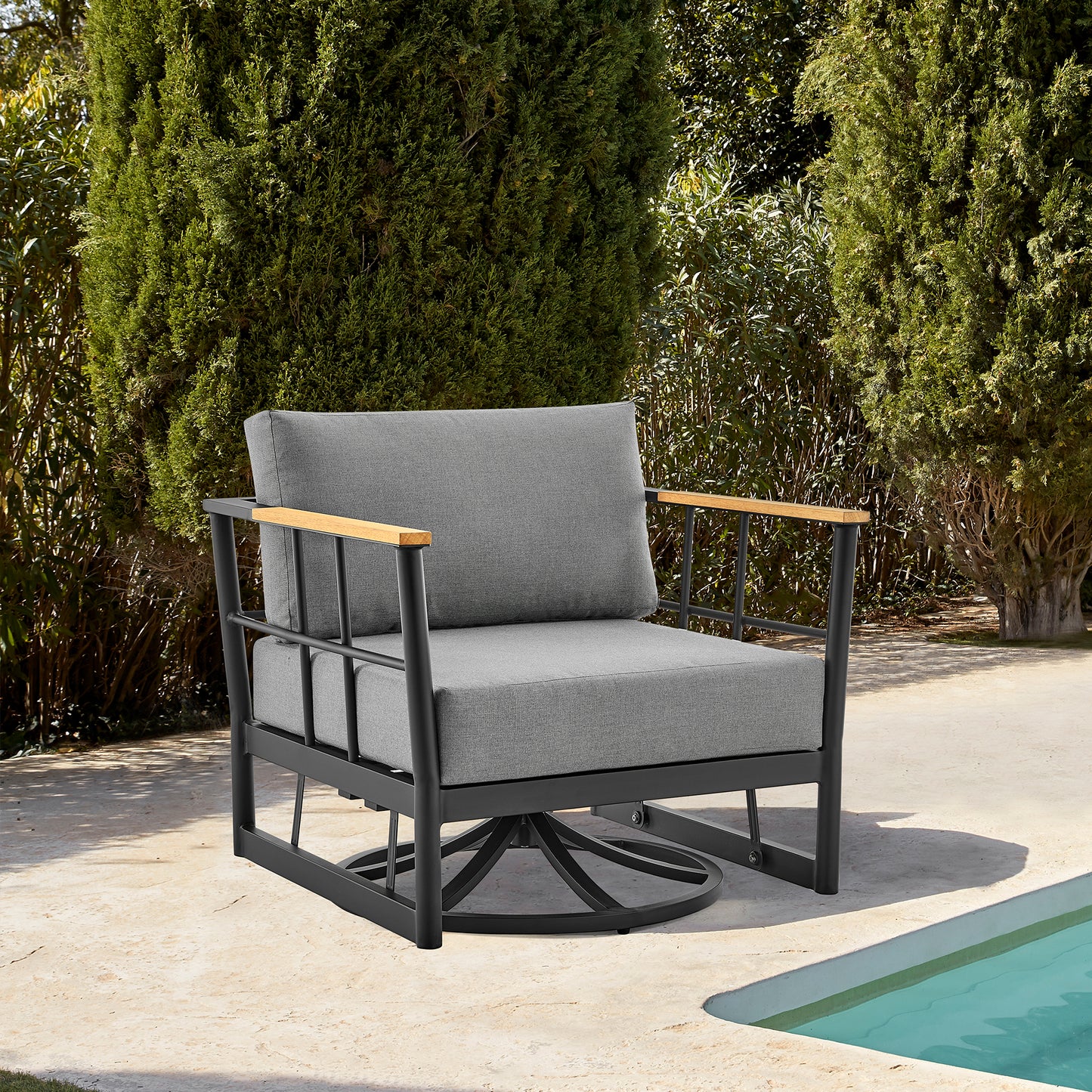 Shari Patio Swivel Glider Lounge Chair in Black Aluminum and Teak Wood