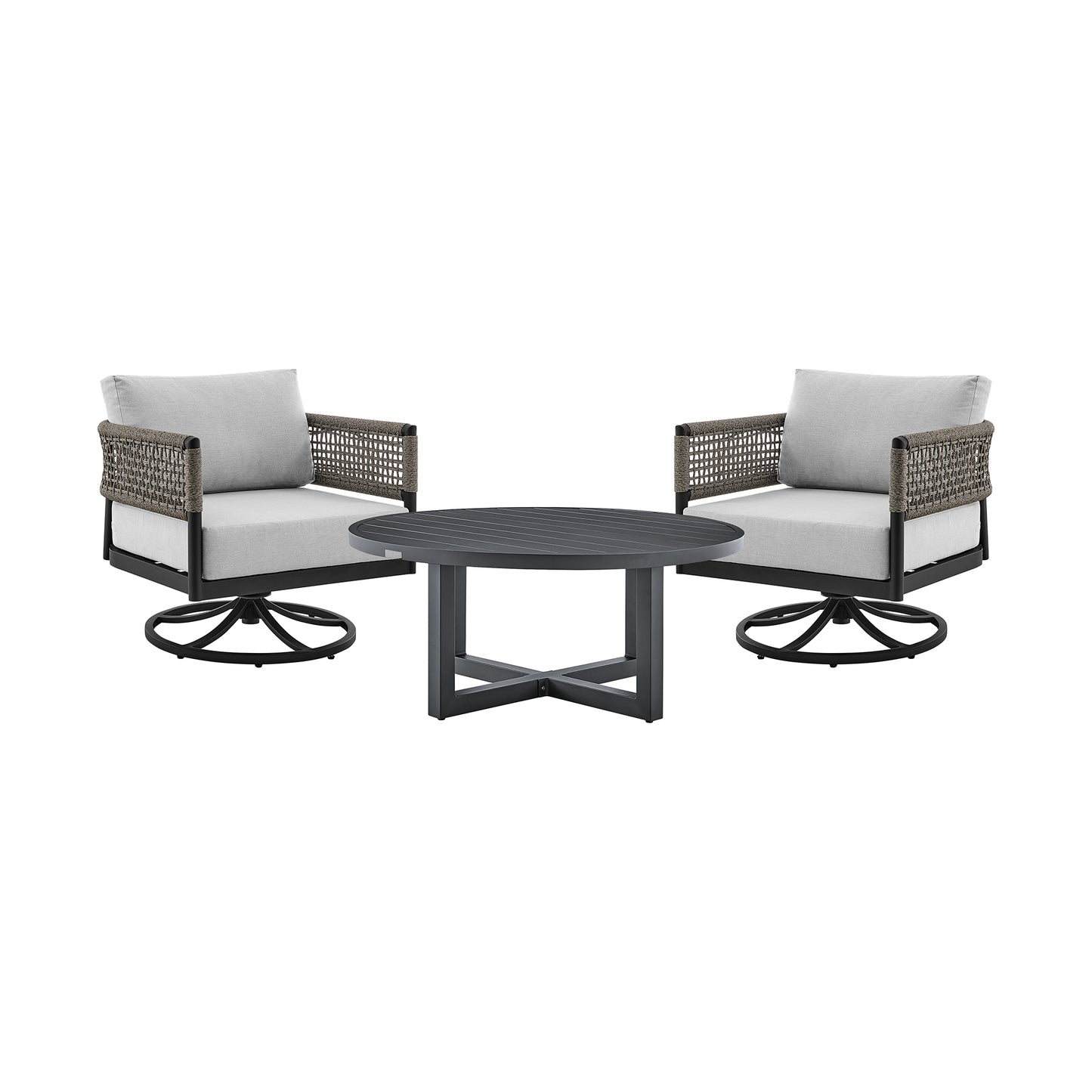 3 Piece Patio Swivel Seating Set in Black Aluminum with Grey Rope