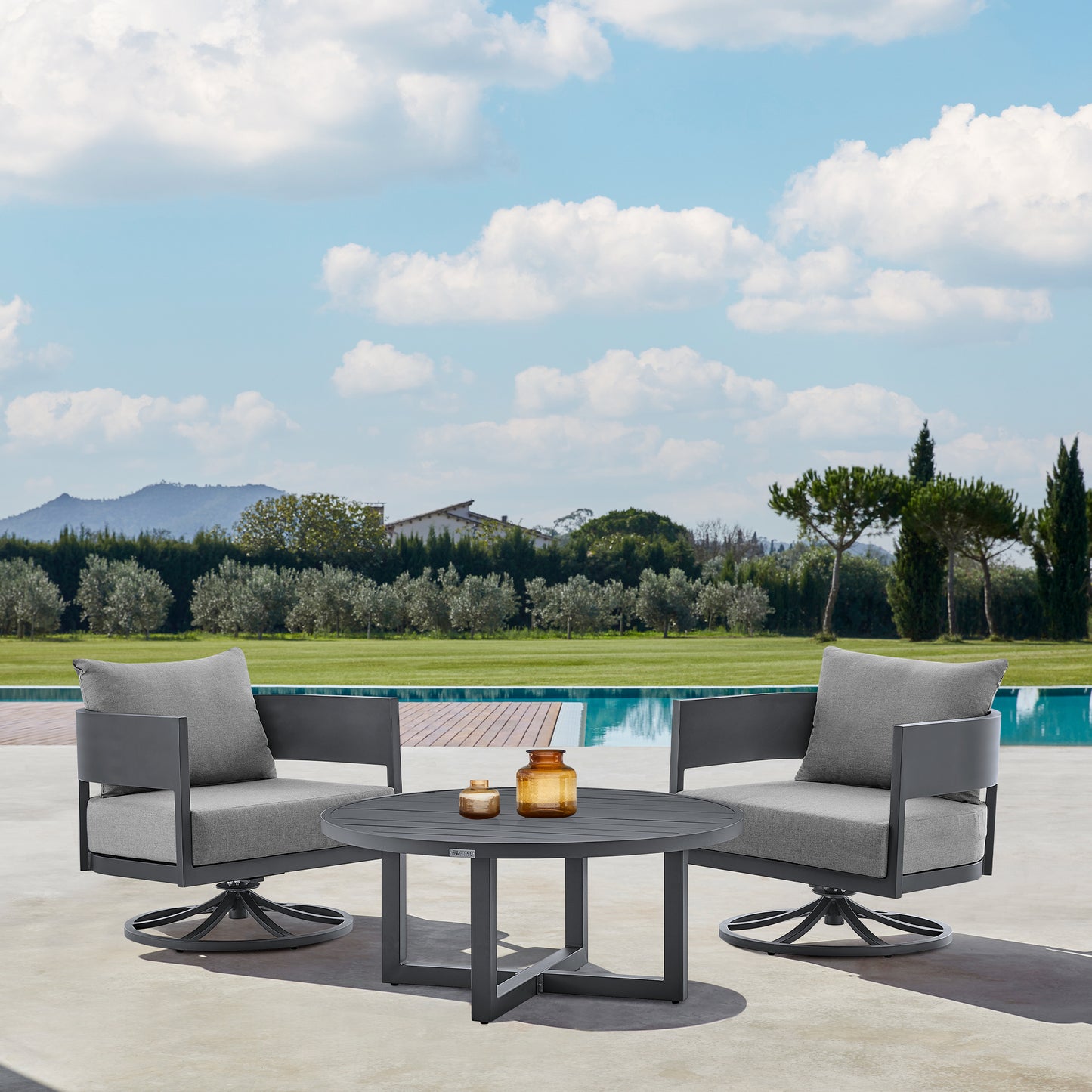 Argiope 3 Piece Patio Swivel Seating Set in Dark Grey Aluminum