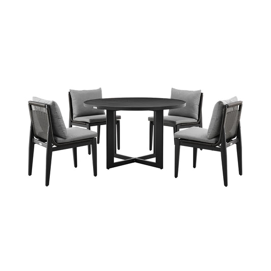 Grand Patio 5-Piece Round Dining Table Set in Aluminum with Grey Cushions