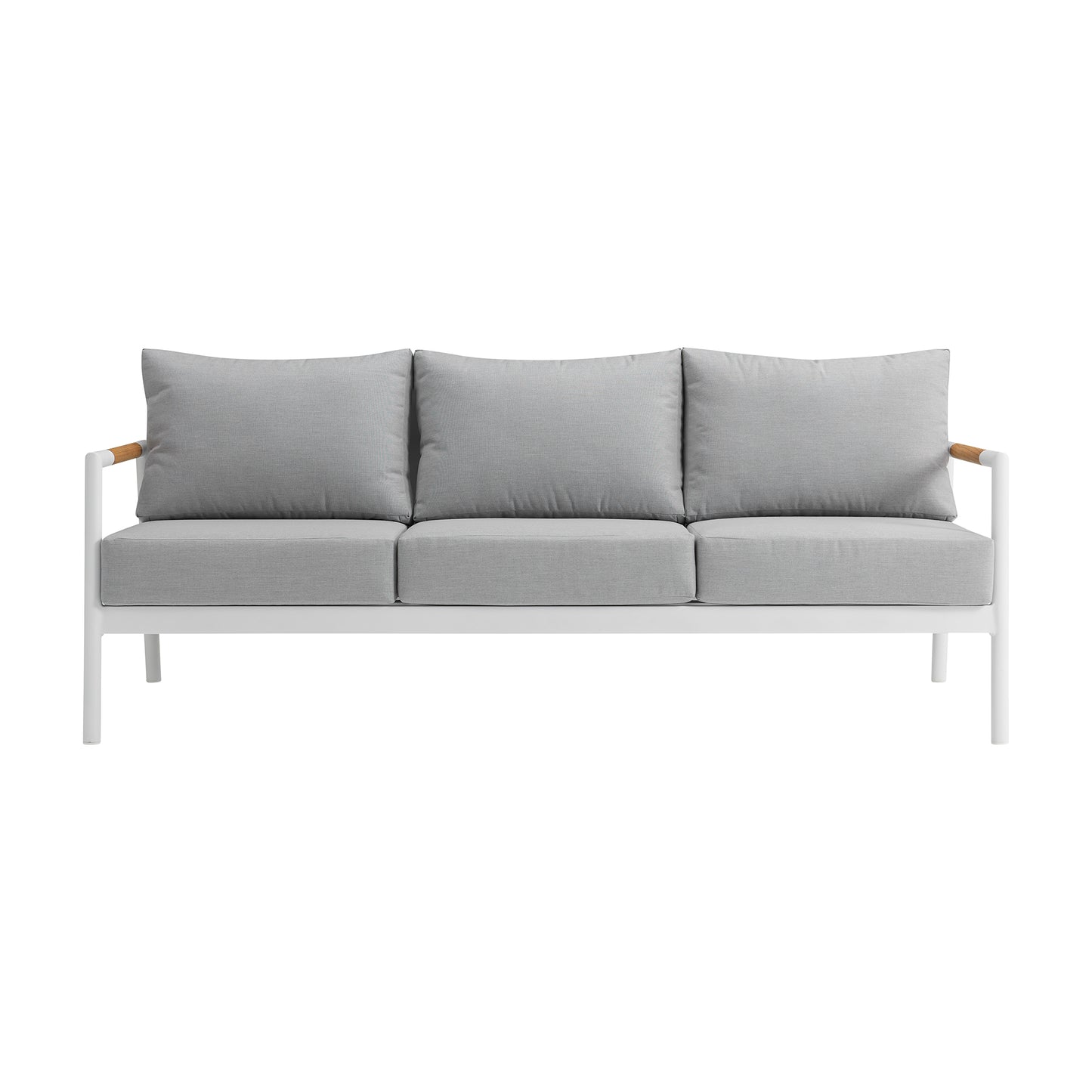 Royal 4 Piece White Aluminum and Teak Seating Set with Light Gray Cushions