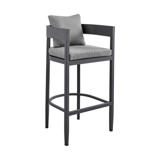 Argiope Outdoor Patio Counter Height Bar Stool in Aluminum with Grey Cushions