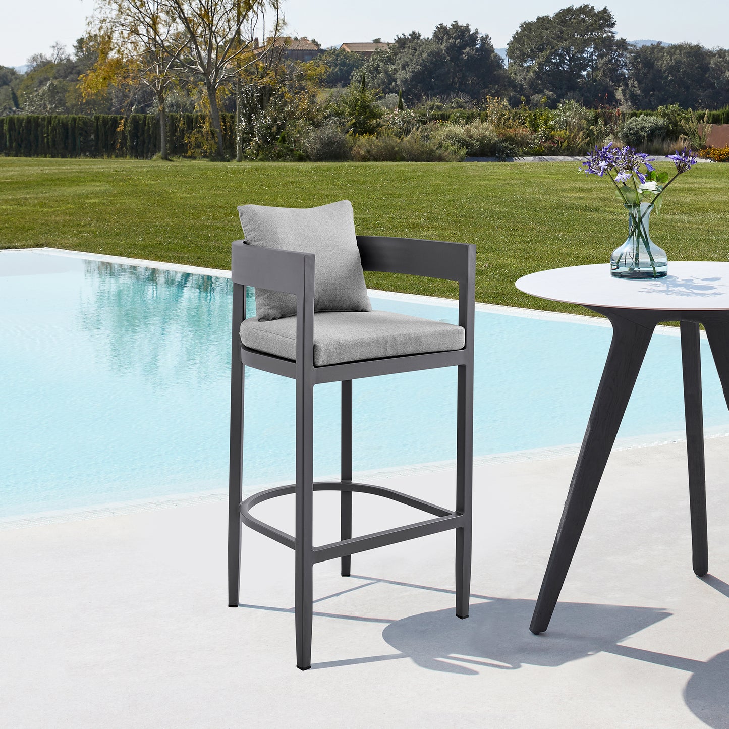 Argiope Outdoor Patio Bar Stool in Aluminum with Grey Cushions