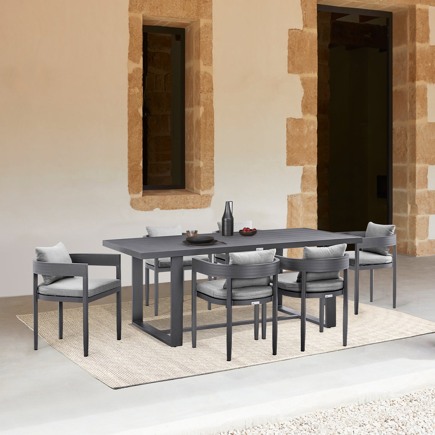 Argiope Outdoor Patio 7-Piece Dining Table Set in Aluminum with Grey Cushions