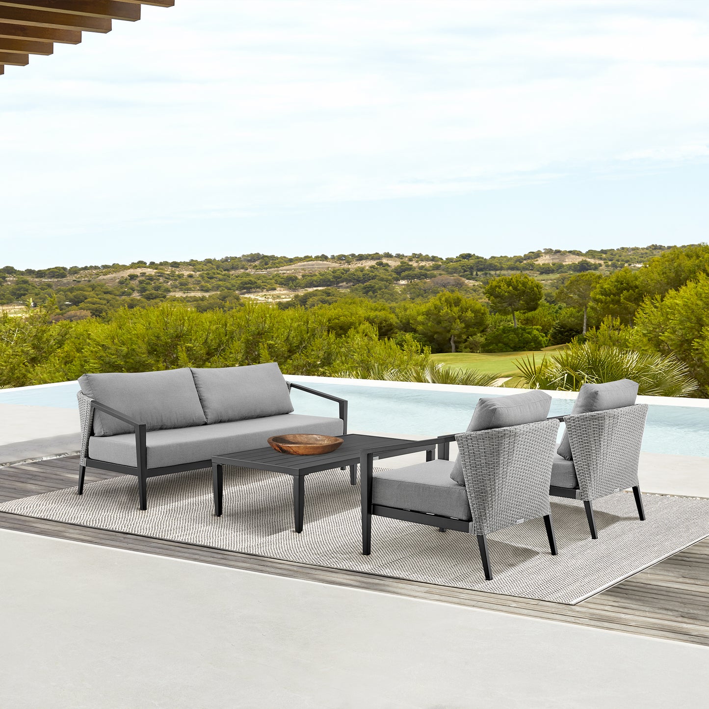 Aileen Patio 4-Piece Lounge Set in Aluminum and Wicker with Grey Cushions