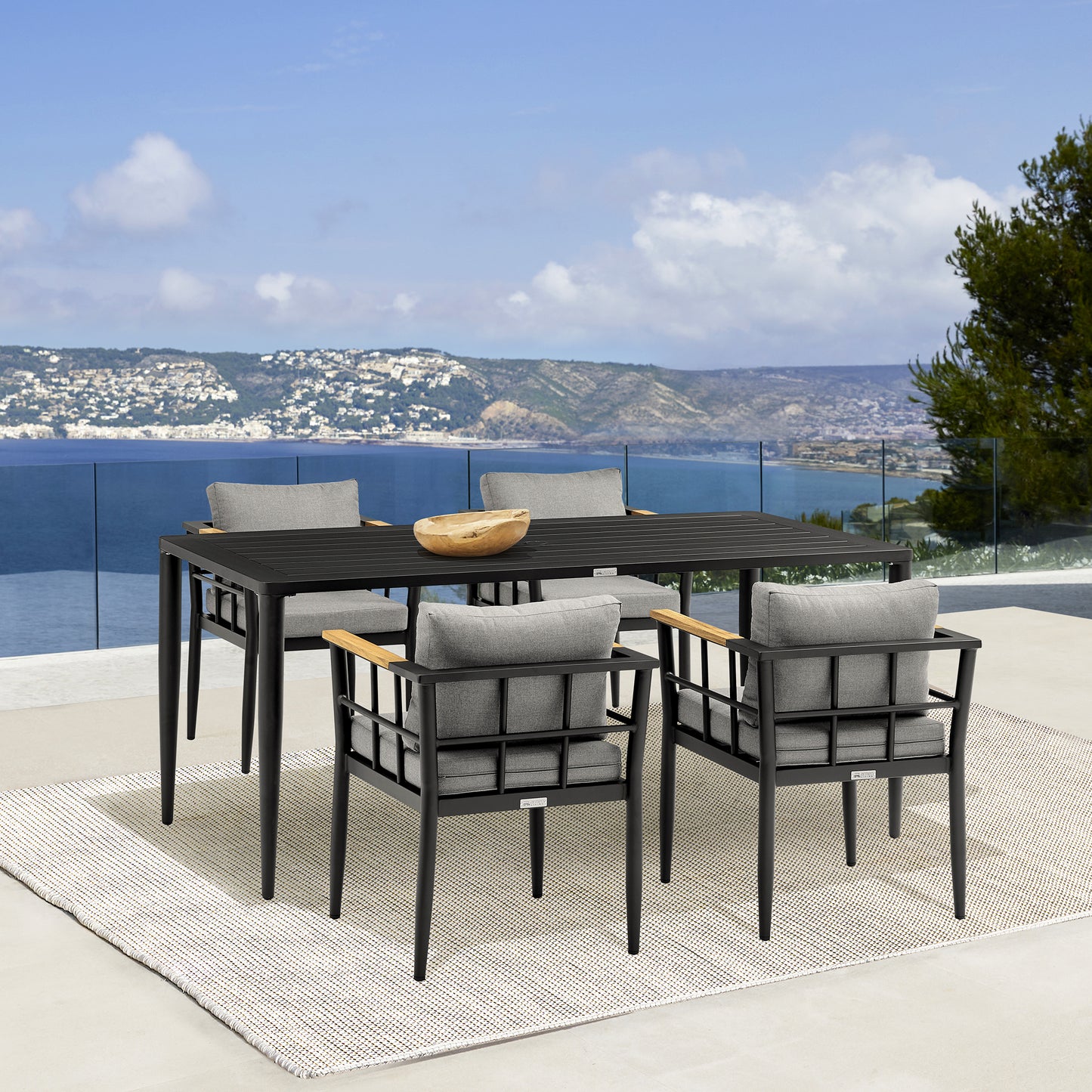 Beowulf Patio 5-Piece Dining Table Set in Aluminum and Teak with Grey Cushions