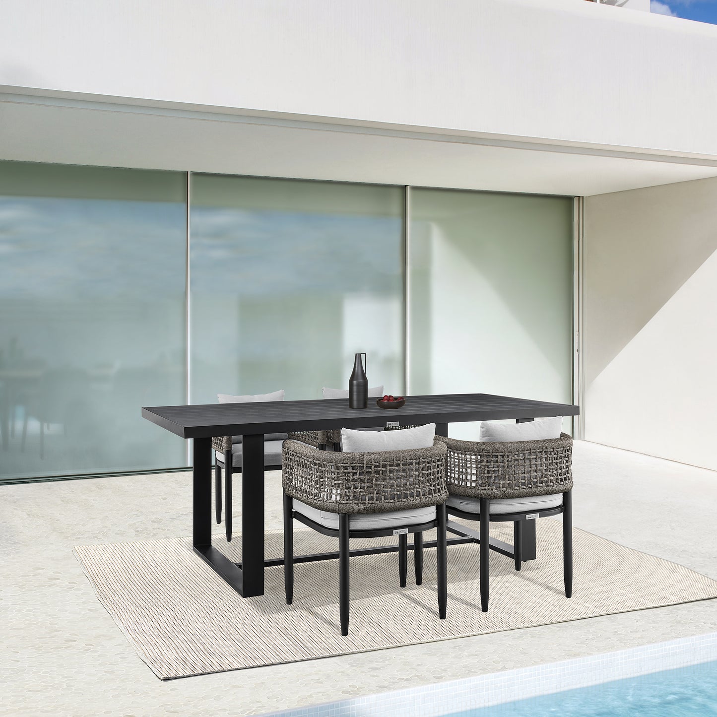 Felicia Patio 5-Piece Dining Table Set in Aluminum with Grey Rope and Cushions