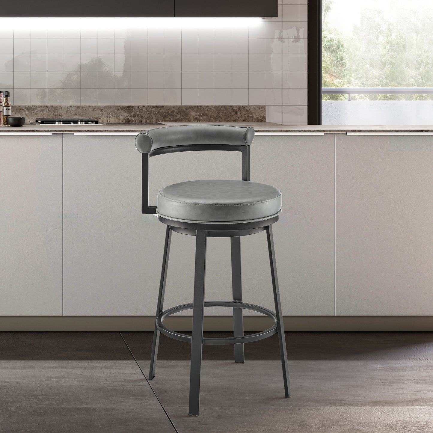 Neura Swivel Counter or Bar Stool in Black Finish with Grey Faux Leather