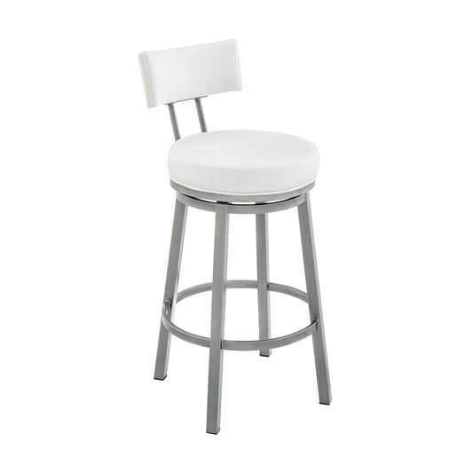 Dalza Swivel Counter or Bar Stool in Cloud Finish with White Faux Leather