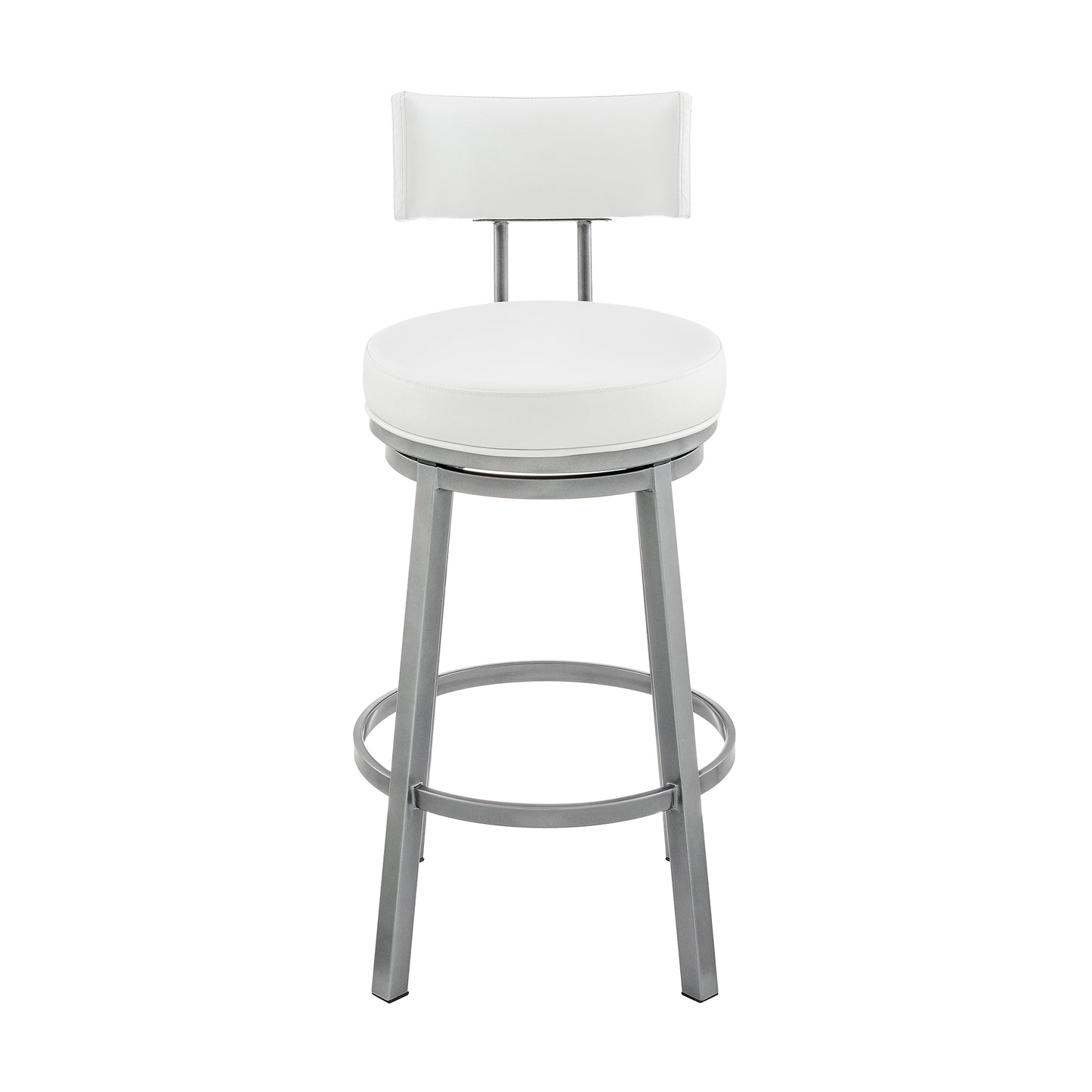 Dalza Swivel Counter or Bar Stool in Cloud Finish with White Faux Leather