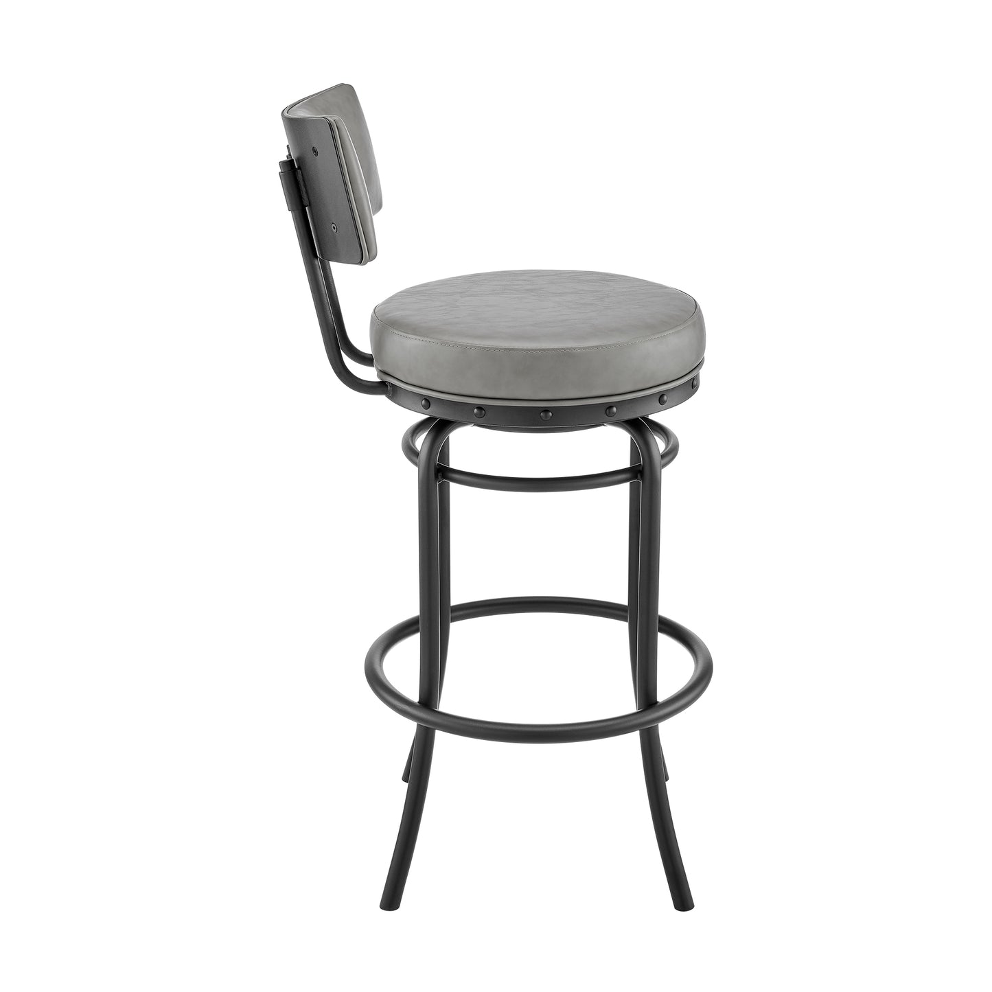 Rees Swivel Counter or Bar Stool in Black Finish with Grey Faux Leather