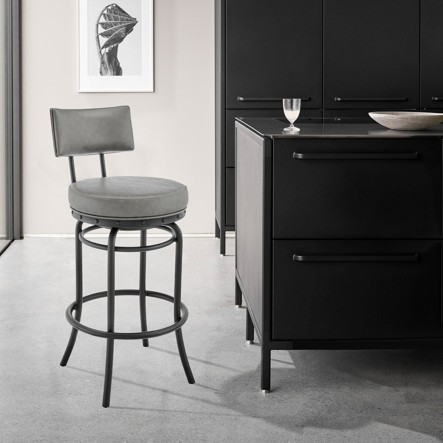Rees Swivel Counter or Bar Stool in Black Finish and Grey Faux Leather