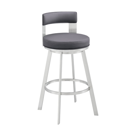 Lynof Swivel Counter Stool in Silver Metal with Grey Faux Leather