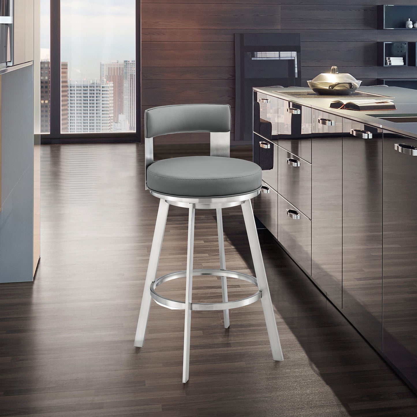 Lynof Swivel Counter Stool in Silver Metal with Grey Faux Leather