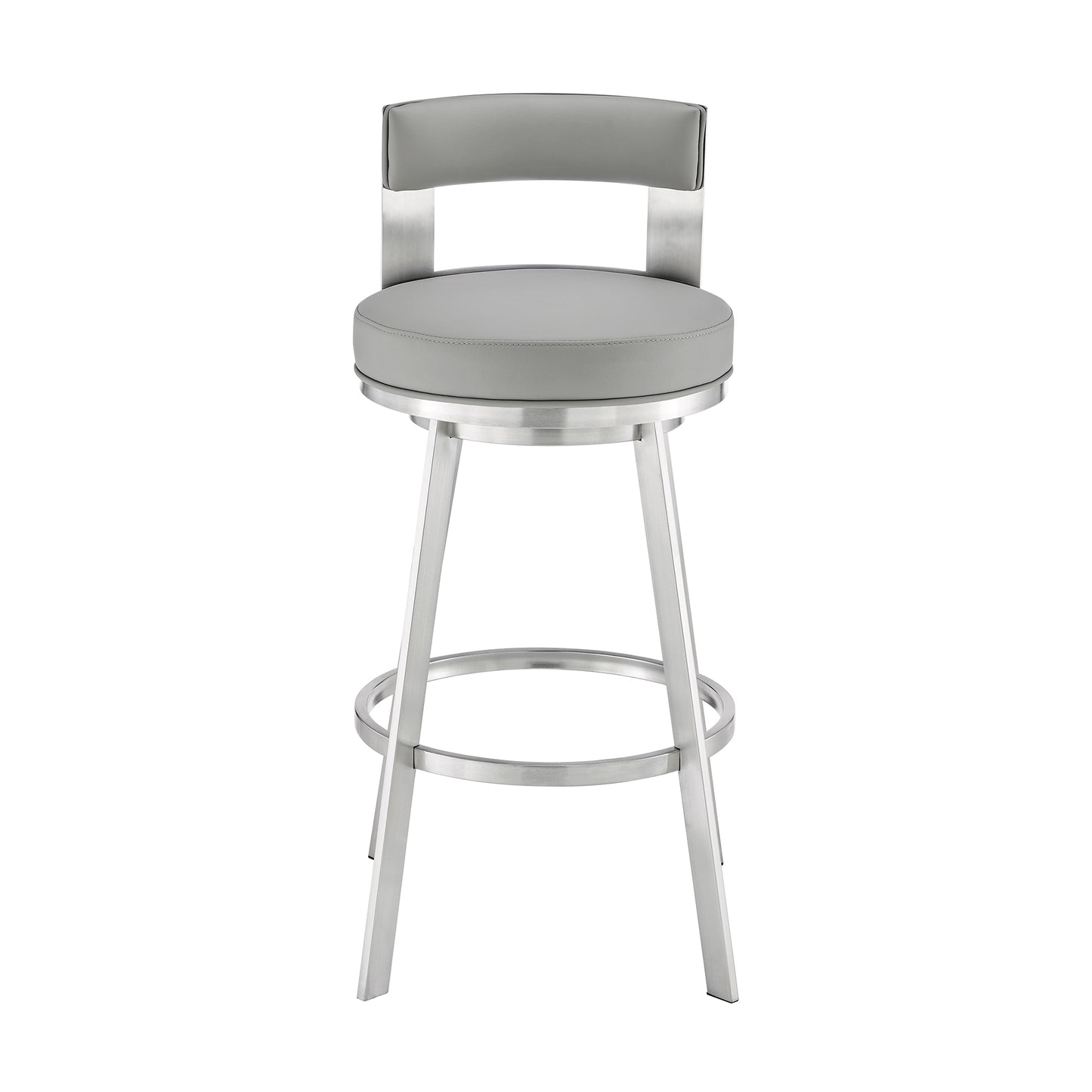 Lynof Swivel Bar Stool in Brushed Stainless Steel with Light Grey Faux Leather