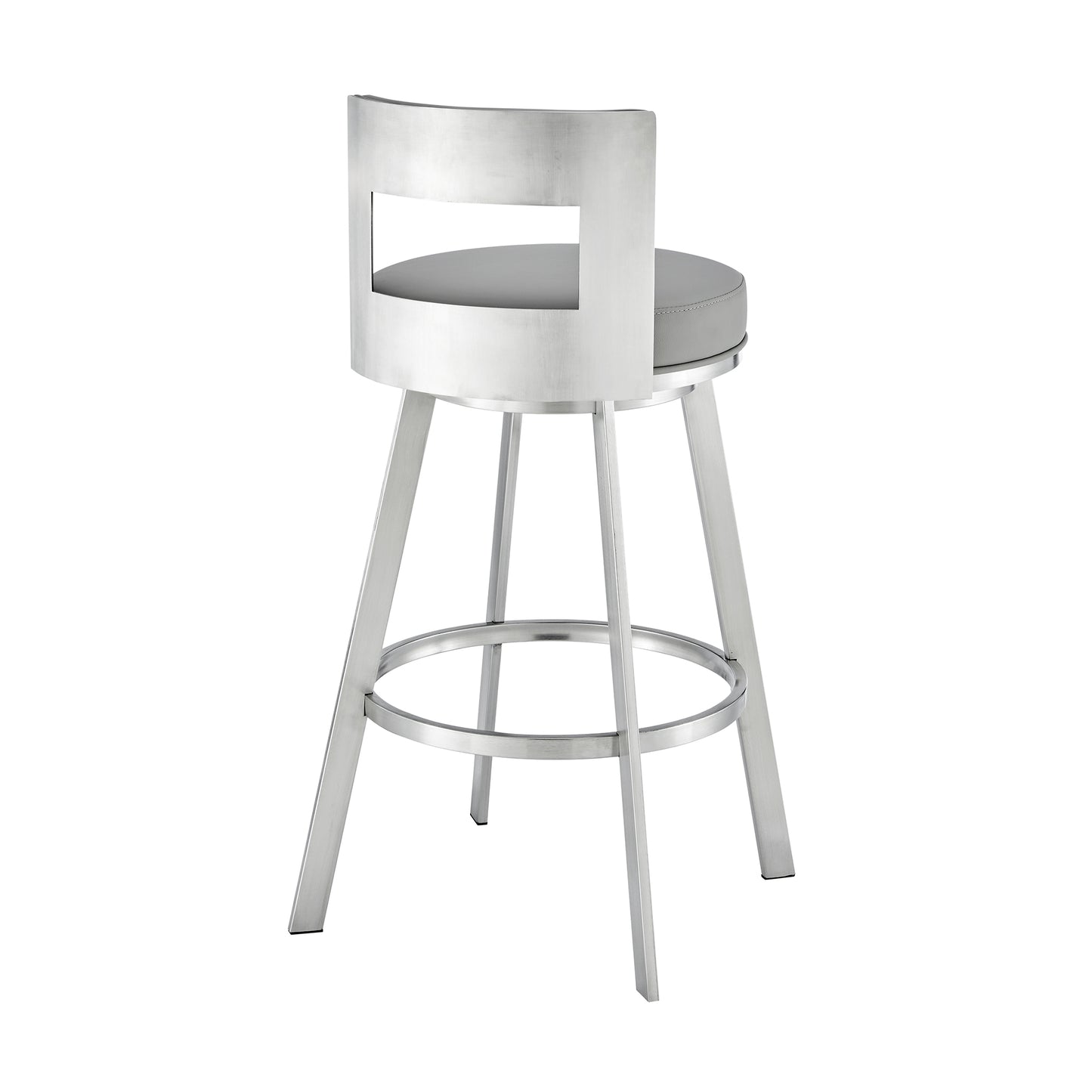Lynof Swivel Bar Stool in Brushed Stainless Steel with Light Grey Faux Leather