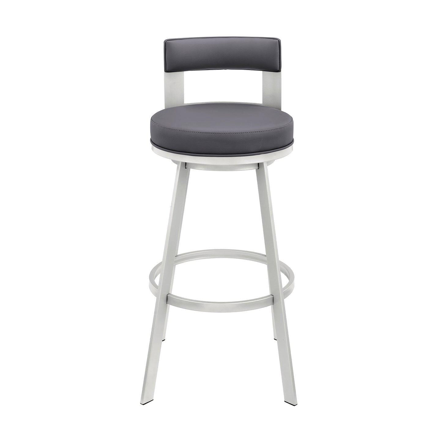 Lynof Swivel Bar Stool in Silver Metal with Grey Faux Leather