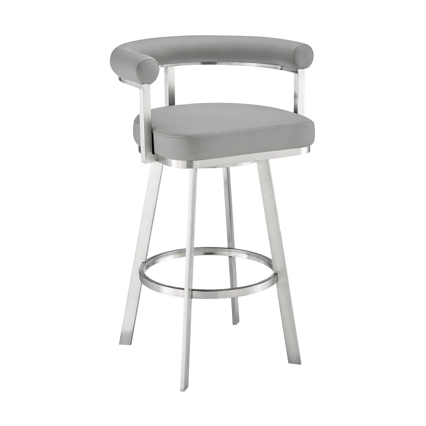 Nolagam Swivel Bar Stool in Brushed Stainless Steel with Light Grey Faux Leather