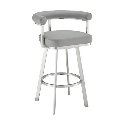 Nolagam Swivel Bar Stool in Brushed Stainless Steel with Light Grey Faux Leather
