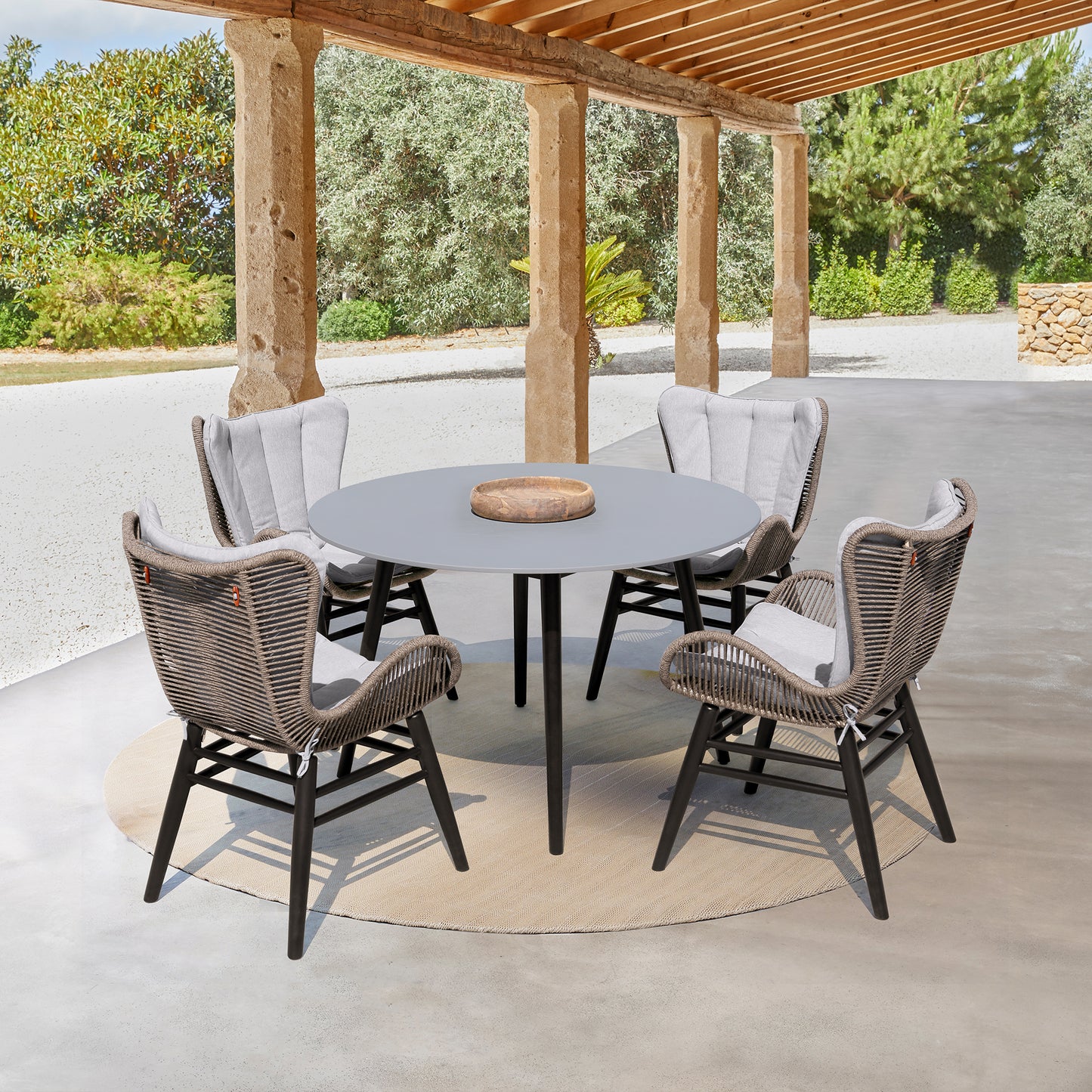 5 Piece Patio Dining Set in Dark Eucalyptus Wood with Truffle Rope