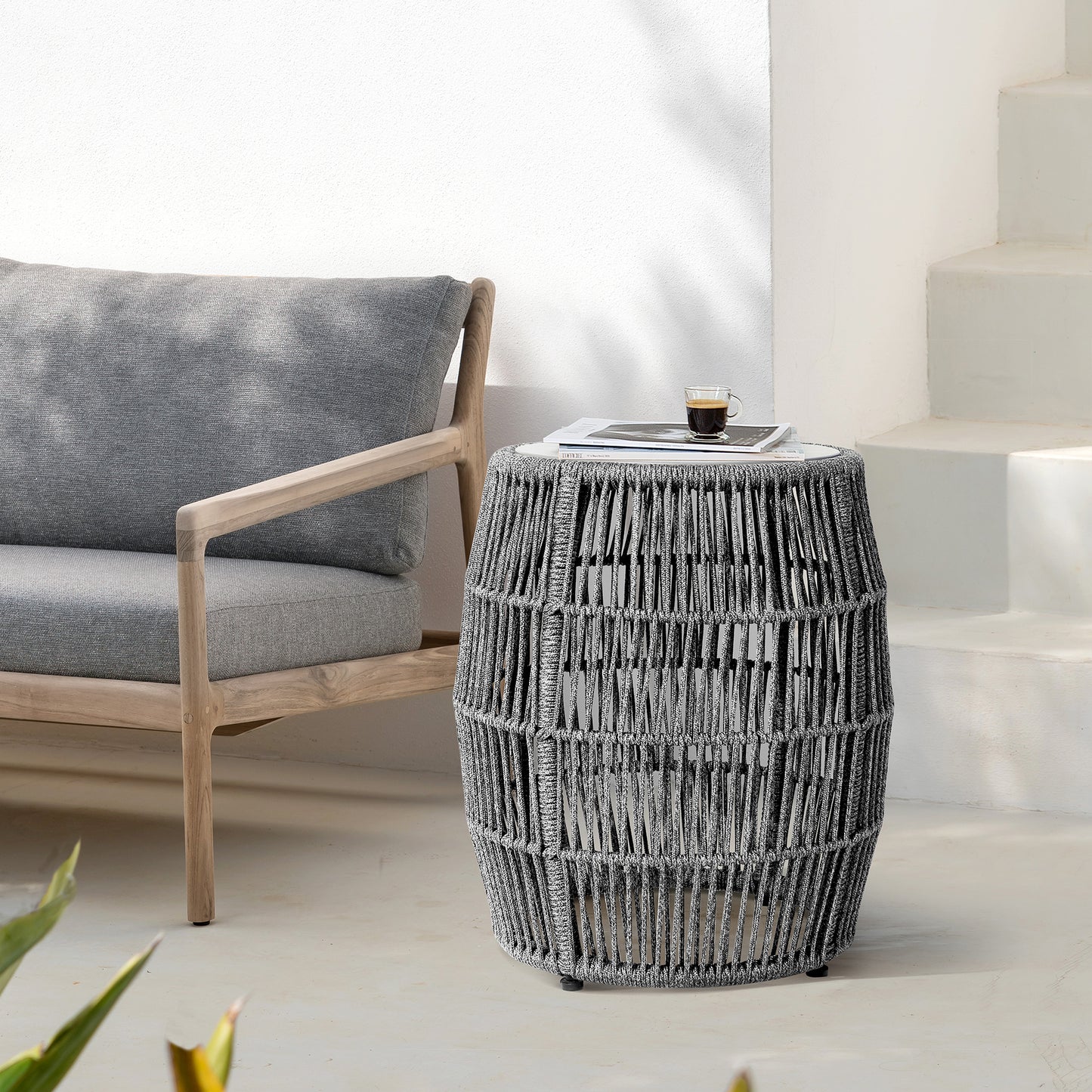 Emory Indoor Outdoor Garden Stool End Table in Grey Rope and Grey Stone