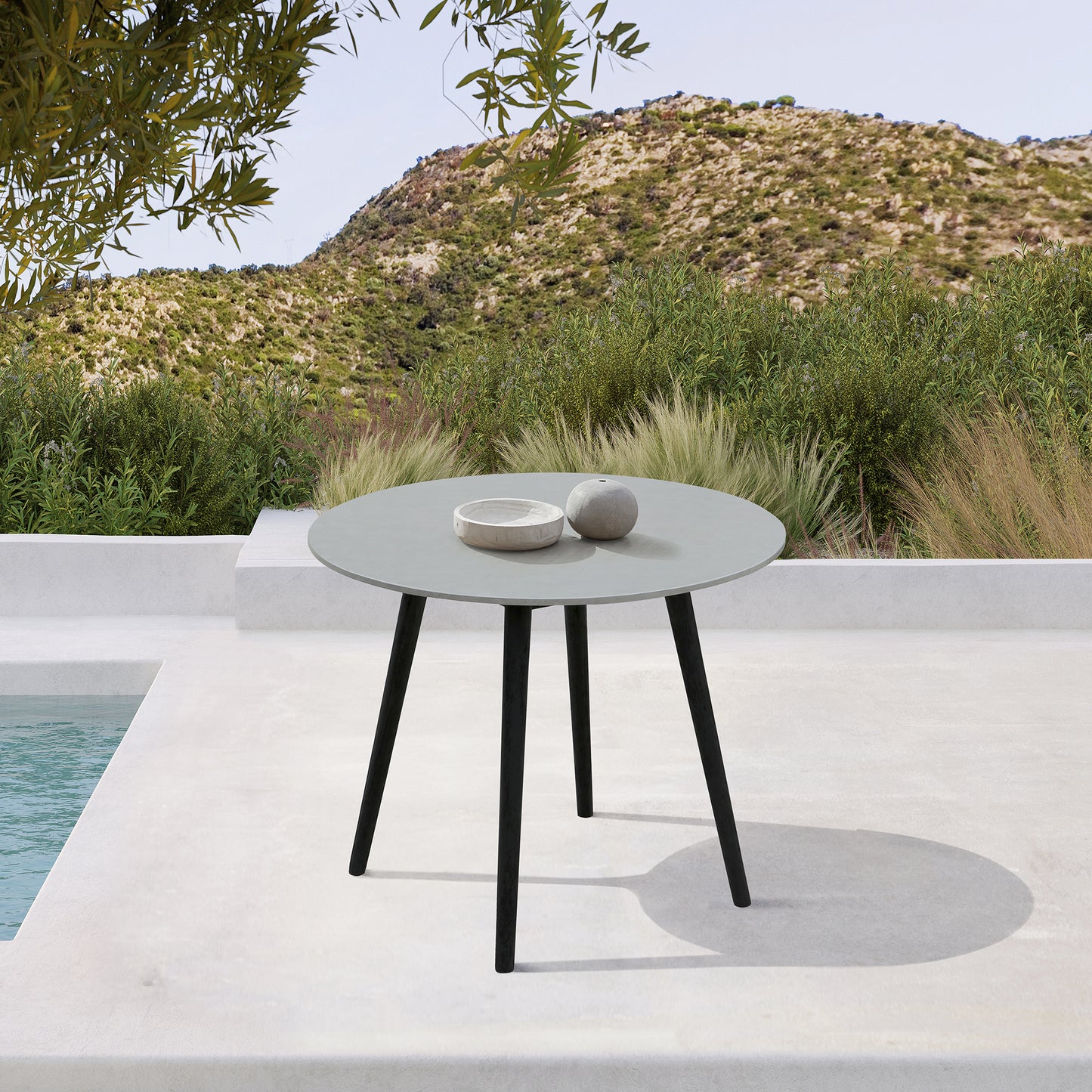 Sydney Outdoor Patio Round 36" Dining Table in Black Eucalyptus and Grey Stone