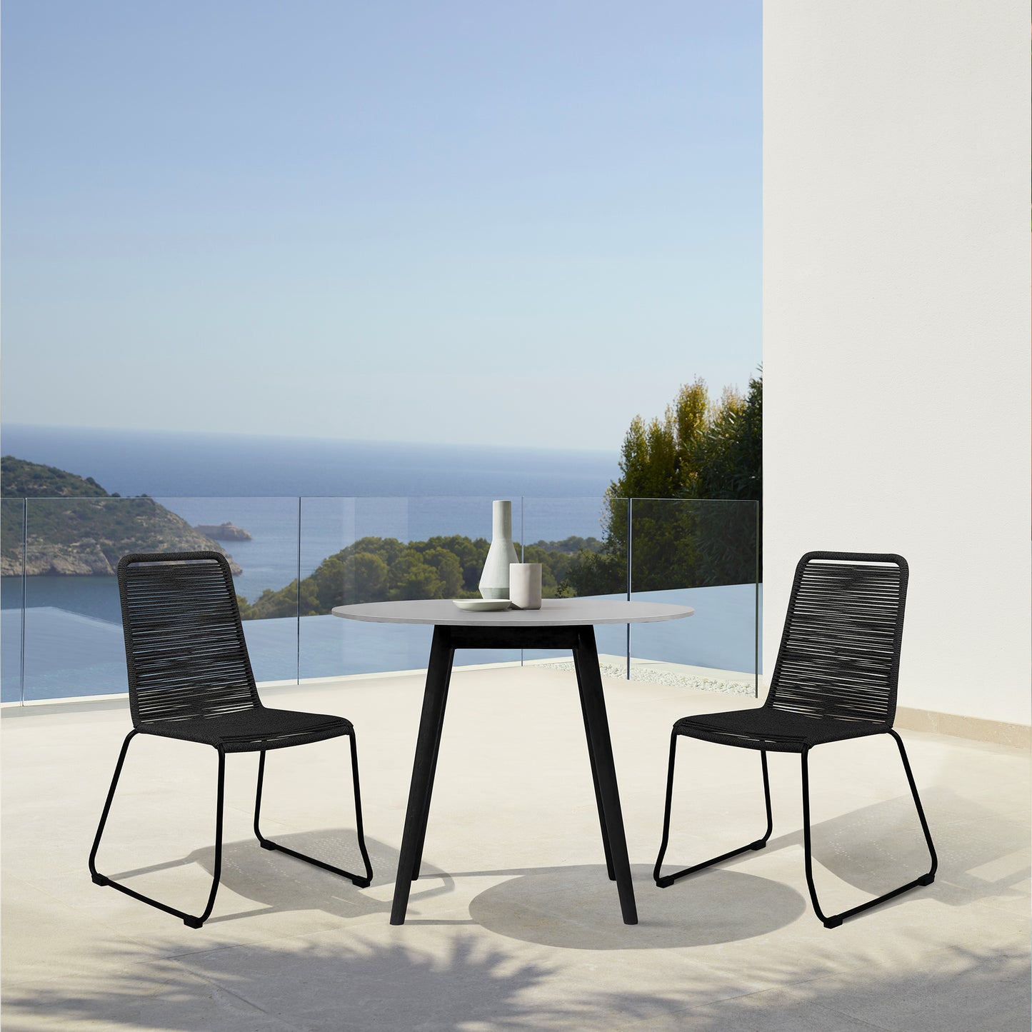 3 Piece Patio 36" Dining Set in Black Eucalyptus Wood and Black Rope