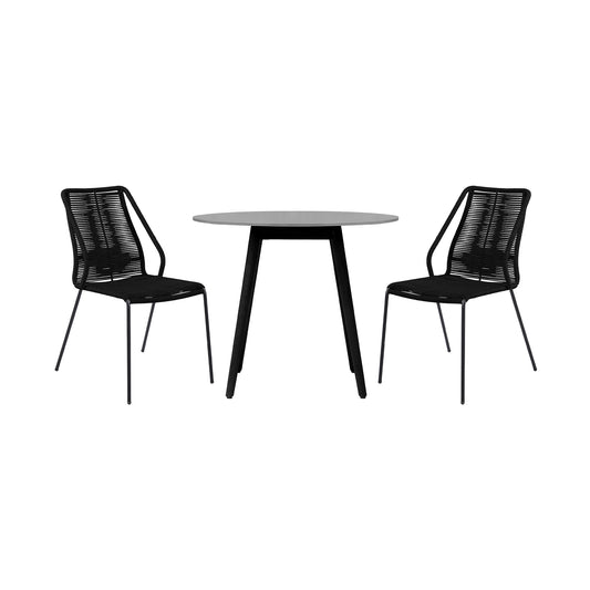 Sydney and Clip 3 Piece Patio 36" Dining Set in Black Eucalyptus Wood and Black