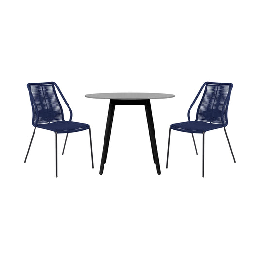 Sydney and Clip 3 Piece Patio 36" Dining Set in Black Eucalyptus Wood and Blue
