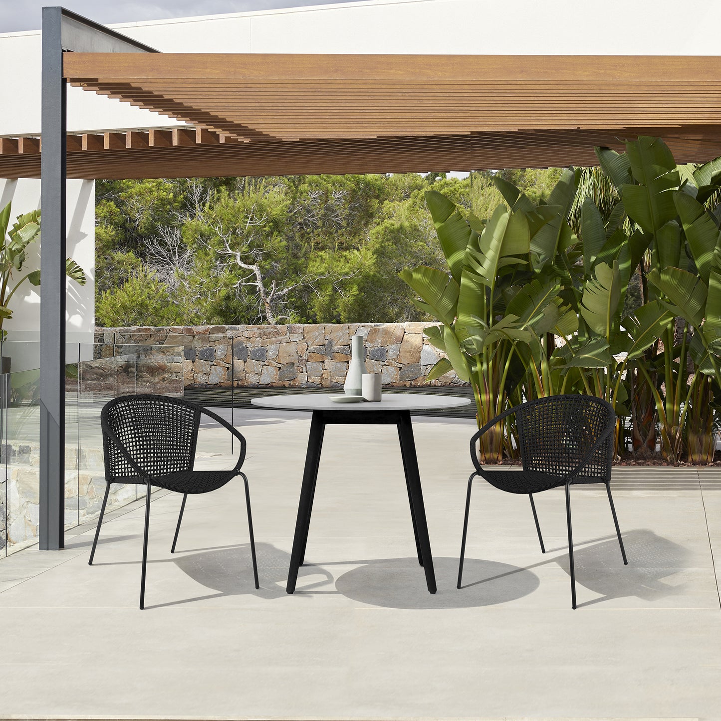 3 Piece Patio 36" Dining Set in Black Eucalyptus Wood and Black