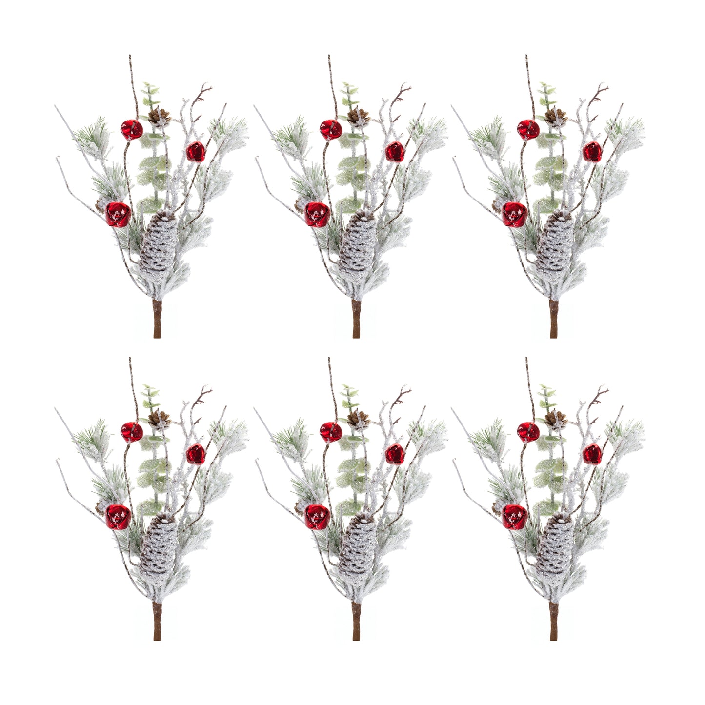 Snow Pine Pick W/Sleigh Bells (Set Of 6) 16.5"H Plastic