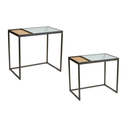 Side Table (Set Of 2) 21.75" x 13.75"W, 23.5" x 22"W Iron/Bamboo/Glass