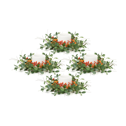 Foliage And Berry Candle Ring (Set Of 4) 22"D Polyester (Fits A 6" Candle)