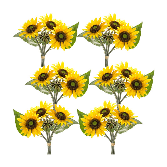 Sunflower Bouquet (Set Of 6) 11.5"H Polyester, Green, Brown, Yellow