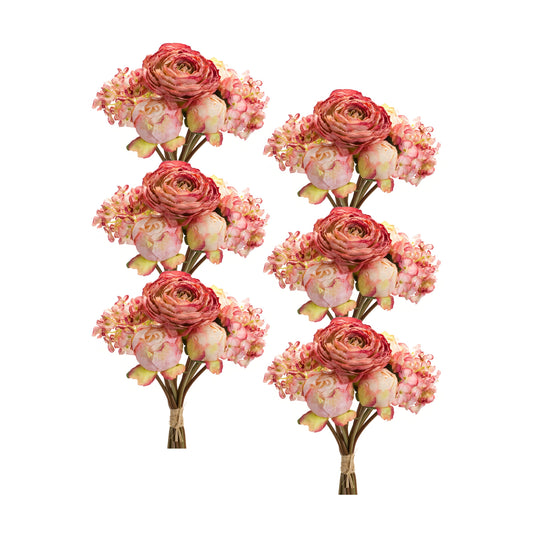 Peony And Hydrangea Bouquet (Set Of 6) 16.75"H Polyester, Pink, Beige, Green