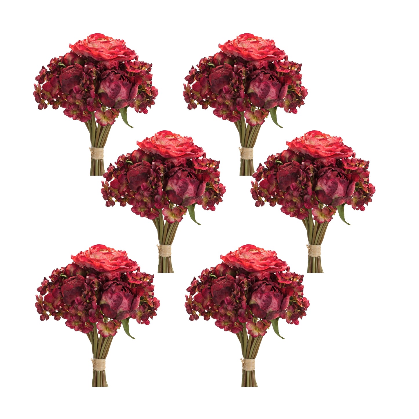 Peony And Hydrangea Bouquet (Set Of 6) 16.75"H Polyester, Red, Green