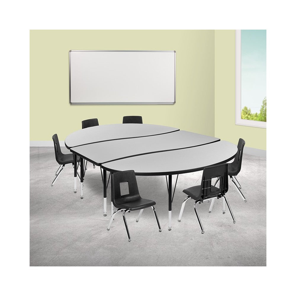 86" Oval Wave Collaborative Laminate Activity Table Set with 12" Student Stack Chairs, Gray/Black