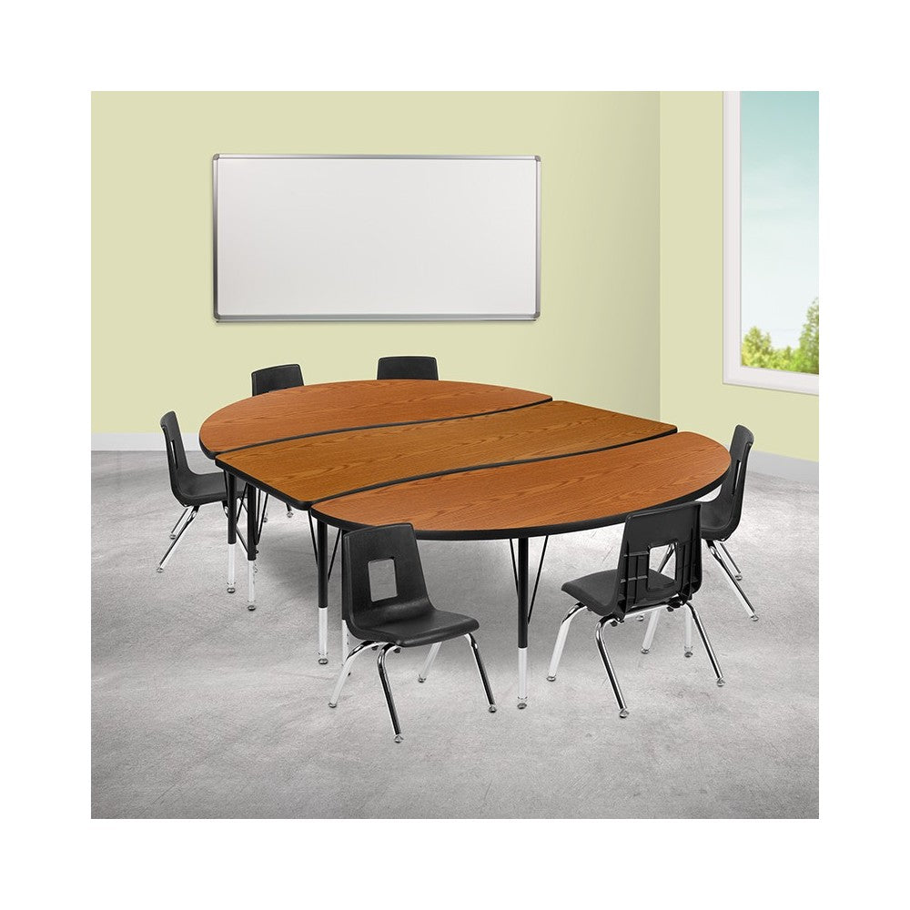 86" Oval Wave Collaborative Laminate Activity Table Set with 12" Student Stack Chairs, Oak/Black