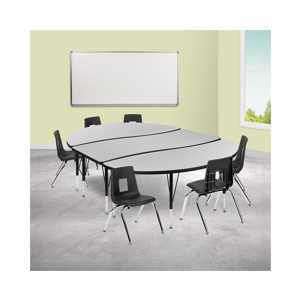 86" Oval Wave Collaborative Laminate Activity Table Set with 14" Student Stack Chairs, Gray/Black