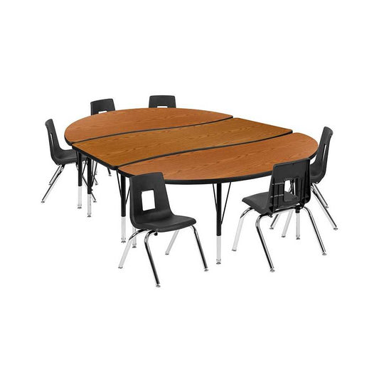 86" Oval Wave Collaborative Laminate Activity Table Set with 14" Student Stack Chairs, Oak/Black