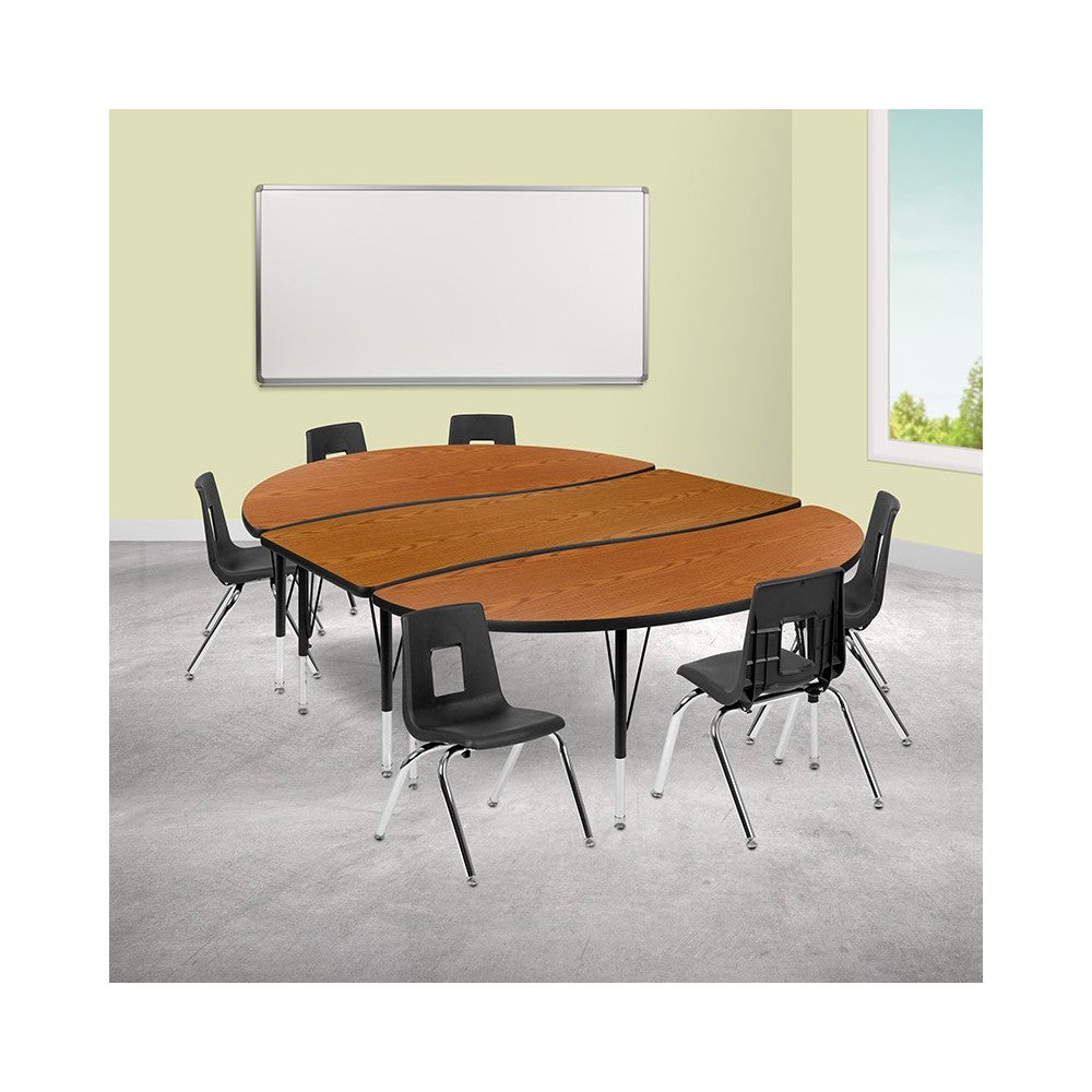 86" Oval Wave Collaborative Laminate Activity Table Set with 14" Student Stack Chairs, Oak/Black