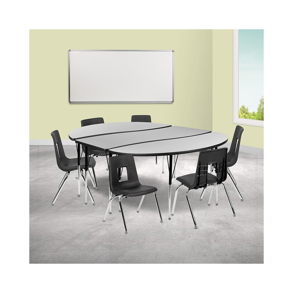 86" Oval Wave Collaborative Laminate Activity Table Set with 16" Student Stack Chairs, Gray/Black