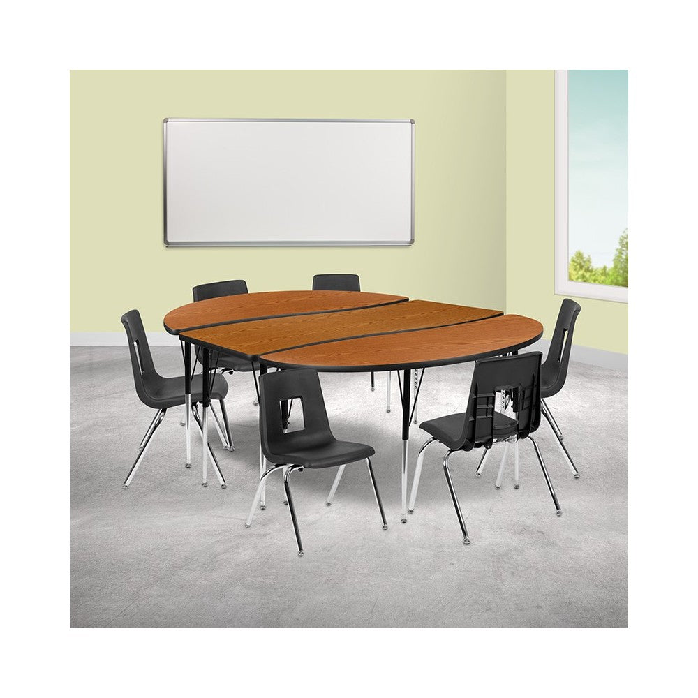 86" Oval Wave Collaborative Laminate Activity Table Set with 16" Student Stack Chairs, Oak/Black