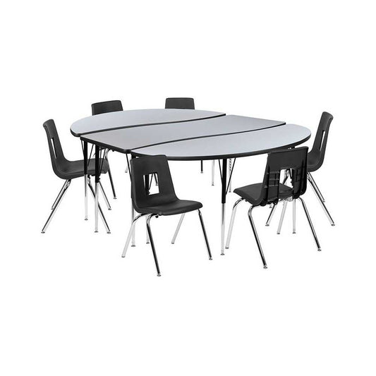 86" Oval Wave Collaborative Laminate Activity Table Set with 18" Student Stack Chairs, Gray/Black