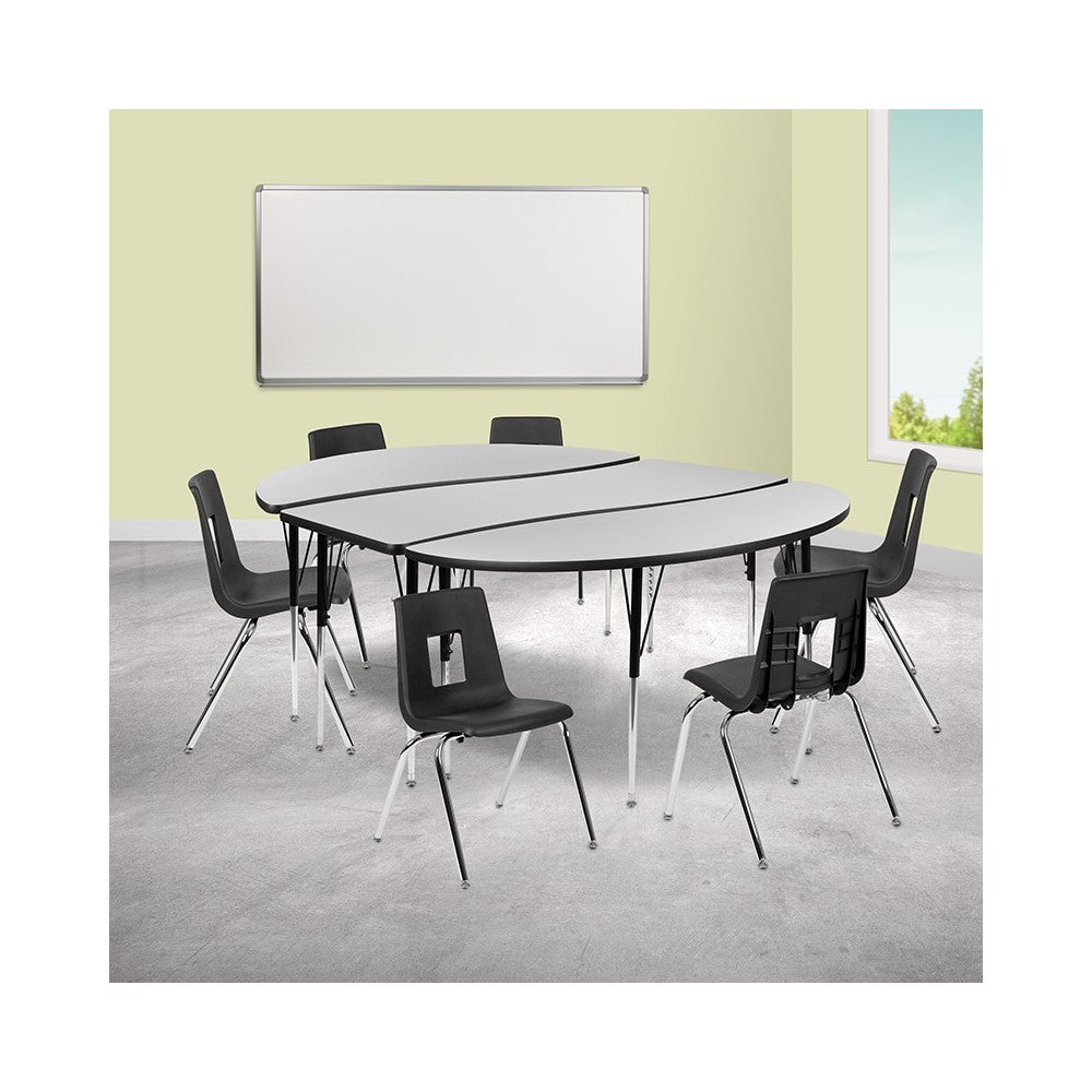 86" Oval Wave Collaborative Laminate Activity Table Set with 18" Student Stack Chairs, Gray/Black